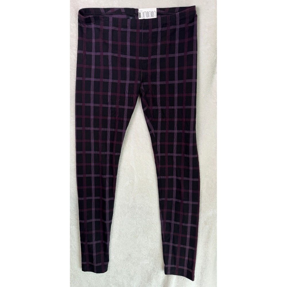 HUE Prep Plaid Cotton Leggings Black Purple Stretch Pants U16942 Size S/M NWT